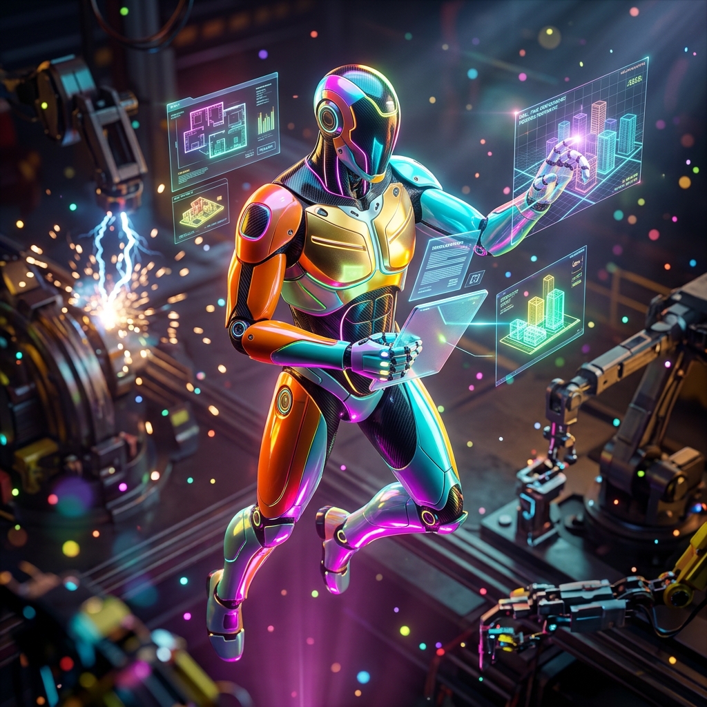 TenantOS · Property & Rental Management Studio — Real Estate category hero — sleek sports-car-inspired bipedal android mid-motion, carbon-fiber musculature and glowing accent lines in magnetic-levitation factory floor with sparking arcs of electricity and machinery