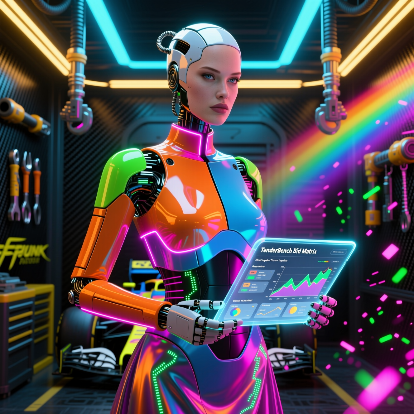 TenderBench — Supplier Bid Matrix Command Center — Version Control category hero — elegant fashion-forward android in flowing reflective couture fabric, editorial pose in Formula-1 style pit garage with saturated color lighting and mechanical detail