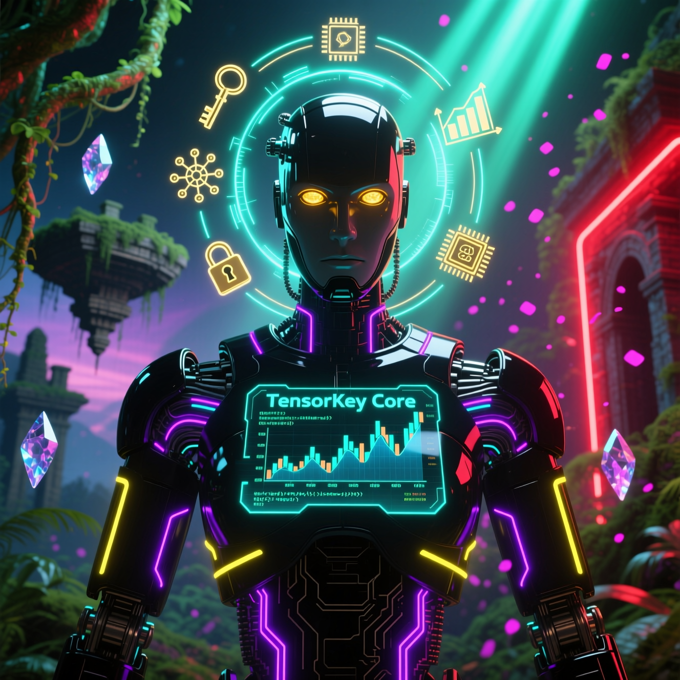 TensorKey Treasury — Engineering Financial Strategy Terminal — Coding category hero — floating spherical AI orb with concentric glowing rings and orbiting holographic icons around it in alien jungle biome with glowing flora and floating tech artifacts