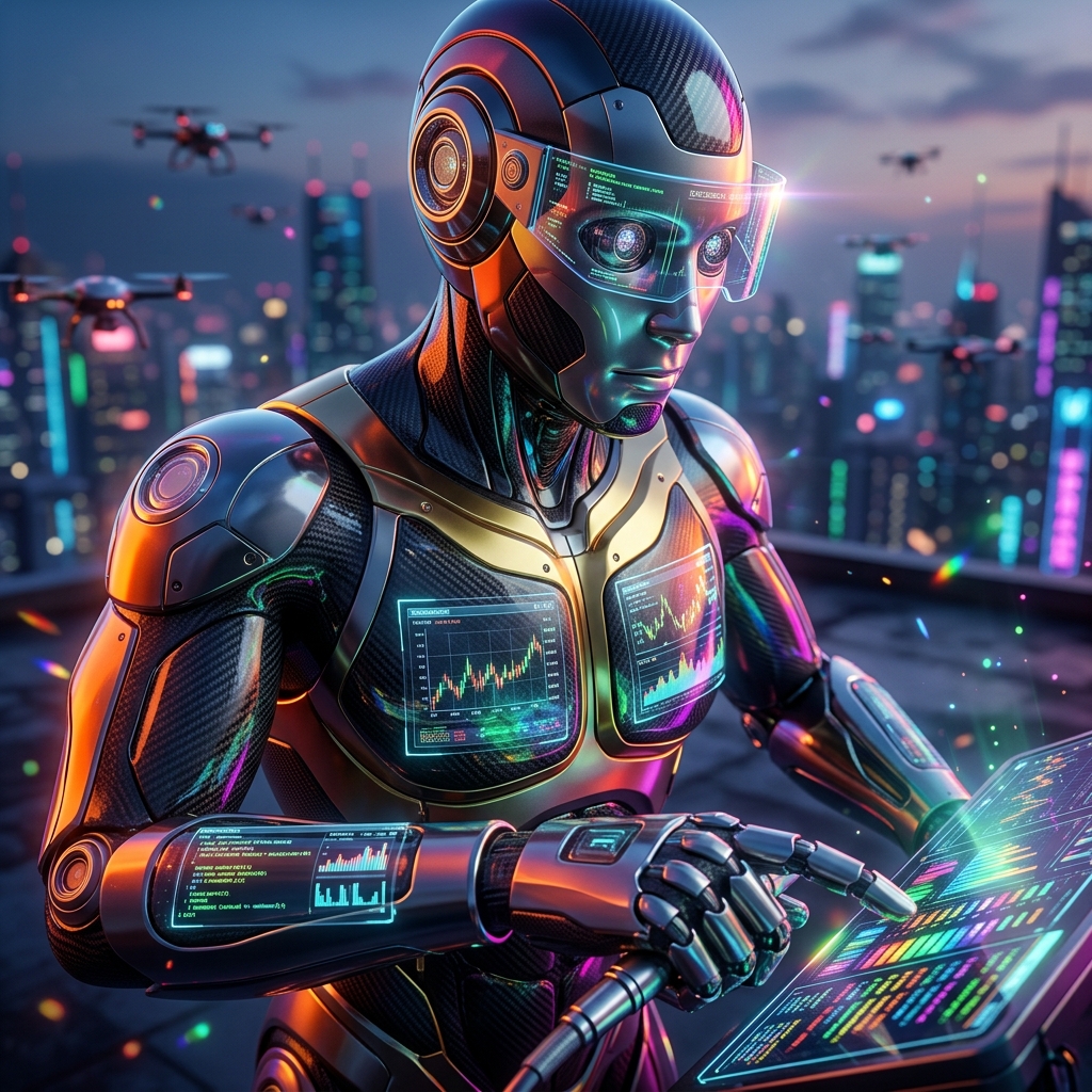 Terminal | LedgerPilot — Financial Strategy Terminal — Finance & Fintech category hero — sleek sports-car-inspired bipedal android mid-motion, carbon-fiber musculature and glowing accent lines in rooftop overlooking a neon megacity skyline at dusk, drones flying in the distance