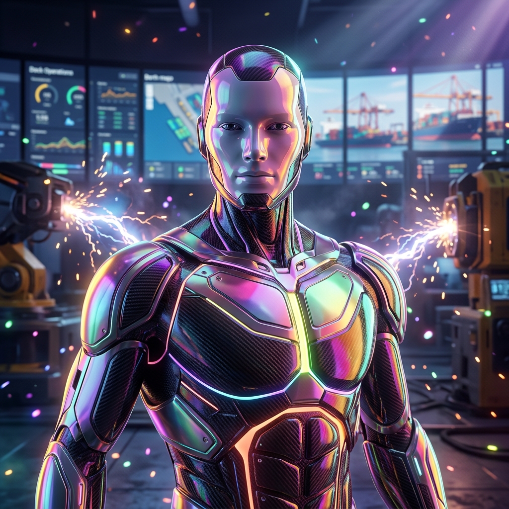 TerminalPulse — Dock Operations Reliability Console — Shipping & Logistics category hero — sleek sports-car-inspired bipedal android mid-motion, carbon-fiber musculature and glowing accent lines in magnetic-levitation factory floor with sparking arcs of electricity and machinery