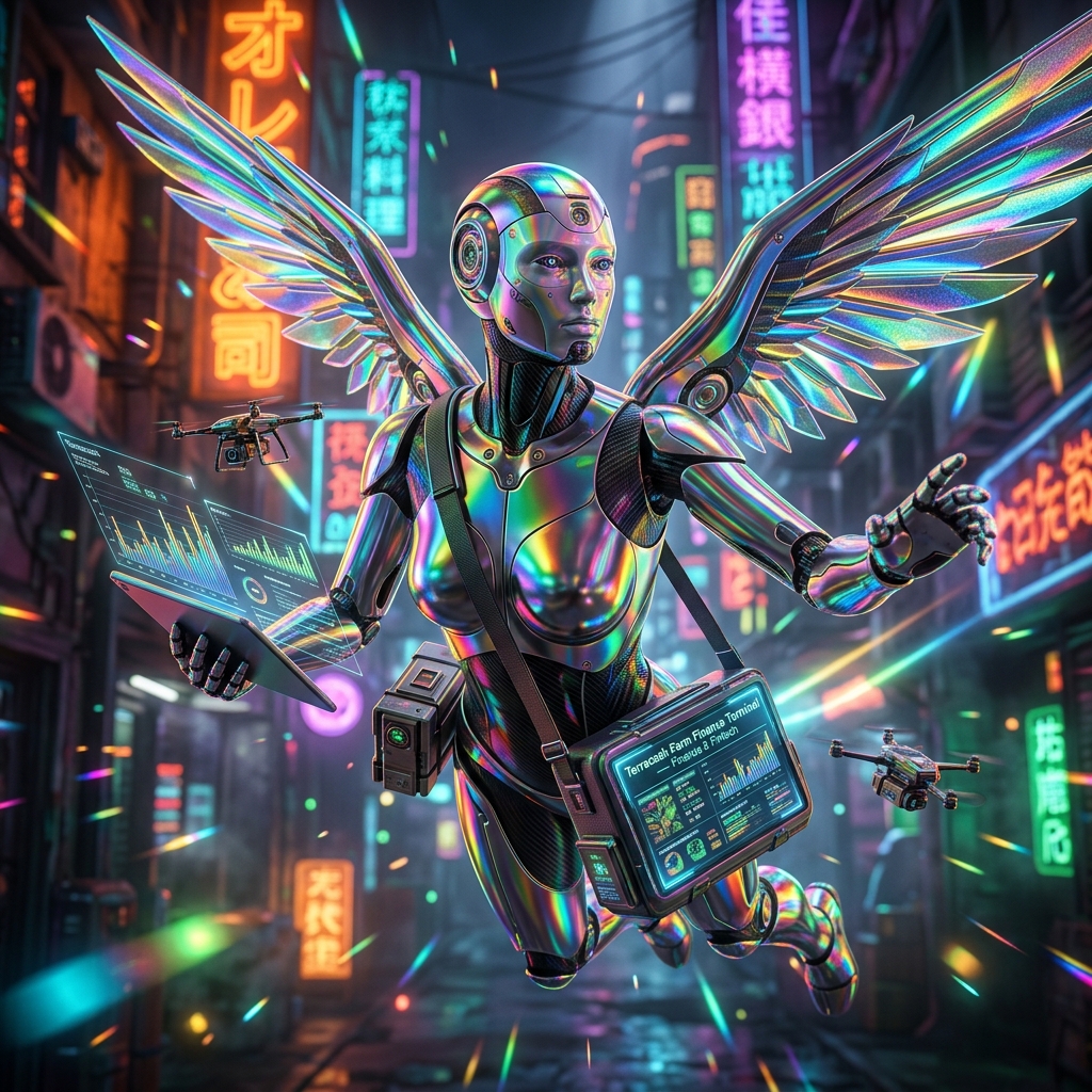 Terracash Farm Finance Terminal — Finance & Fintech category hero — courier-style android with iridescent wings unfurled, mid-flight silhouette against the environment in Blade-Runner-style noodle-shop alley with dense neon signage in the background