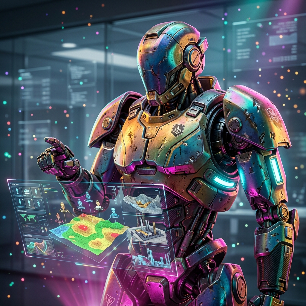 TerrainOps – Field Operations Grid — 3D Modeling category hero — war-worn but heroic mech pilot robot with painted panels, weathered detail, cinematic hero lighting in sleek high-tech laboratory with glass walls, floating data panels and particle light