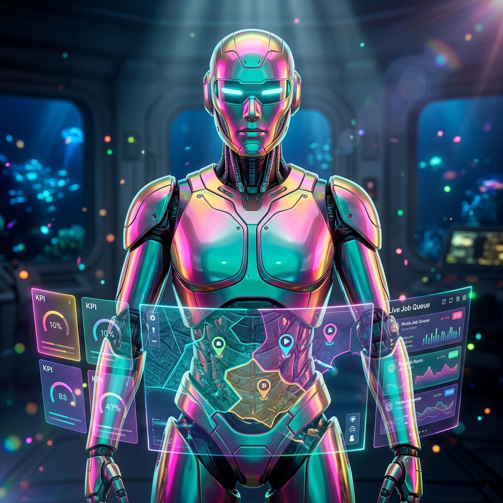 TerritoryGrid — Partner Operations & Field Dispatch — Art category hero — hyper-detailed humanoid robot with glossy plating and glowing visor eyes, striking a confident hero pose in the center of the frame in deep-sea research bay with bulkhead windows onto a bioluminescent ocean
