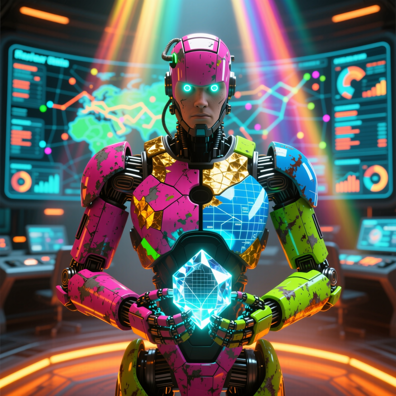 TesseraField — Analytics Field Operations Command — Data Analytics category hero — war-worn but heroic mech pilot robot with painted panels, weathered detail, cinematic hero lighting in futuristic control room with massive glowing holographic screens and volumetric light rays