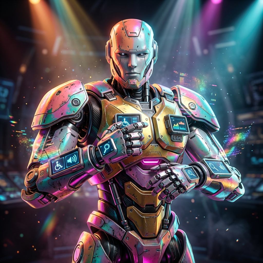TestForge Mission Control — Mobile QA Command Deck — Accessibility category hero — war-worn but heroic mech pilot robot with painted panels, weathered detail, cinematic hero lighting in dark cinematic stage with dramatic spotlights streaming down and a hazy atmospheric fog