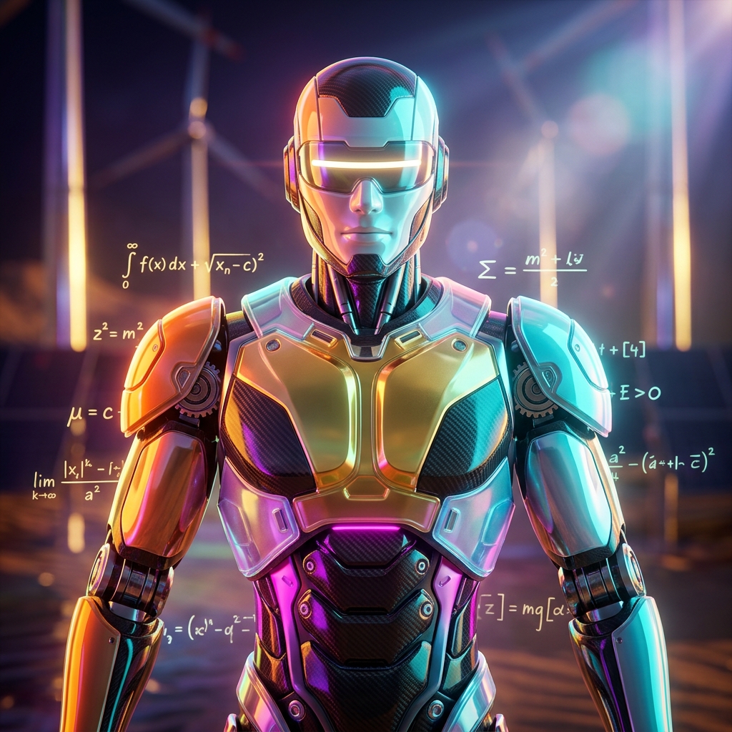 Theorem Workspace — Mathematical Knowledge Command — Math category hero — hyper-detailed humanoid robot with glossy plating and glowing visor eyes, striking a confident hero pose in the center of the frame in desert solar farm at magic hour with reflective sand and towering chrome pylons