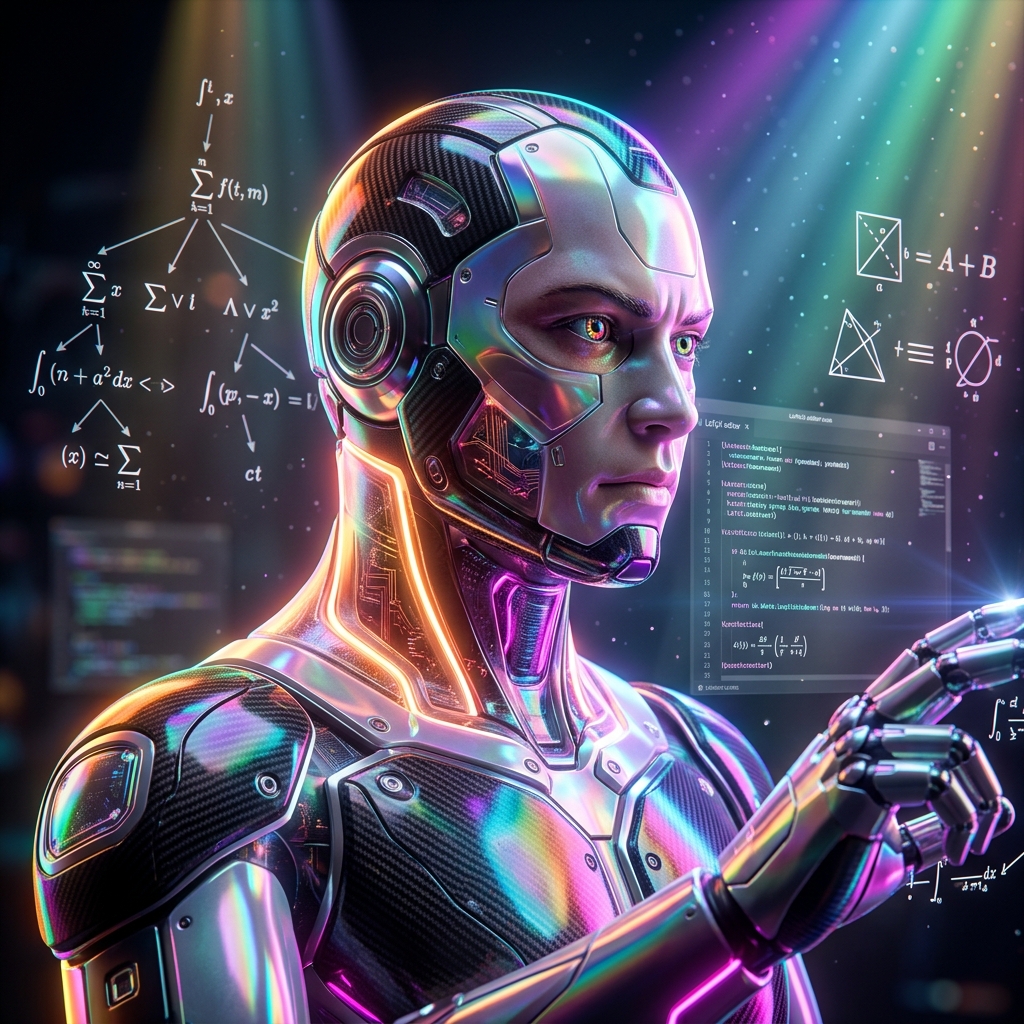 Theorem Workspace | Rigor — Mathematical Knowledge Graph & Proof — Math category hero — cinematic cyborg character seen in three-quarter profile, exposed circuitry glowing beneath translucent skin, intense neon rim light in dark cinematic stage with dramatic spotlights streaming down and a hazy atmospheric fog