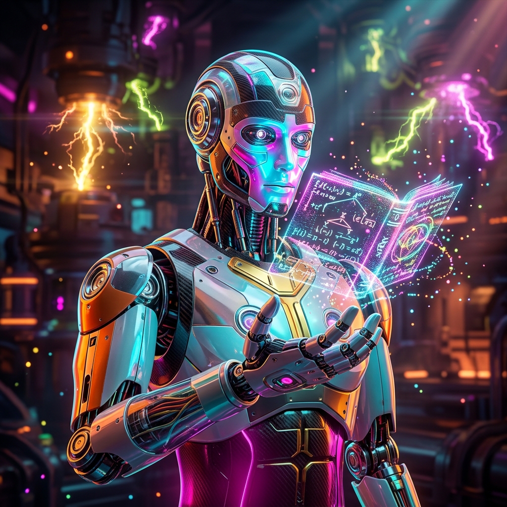 TheoremForge | Proof Structure & Verification Studio — Math category hero — sci-fi wizard robot with a floating spellbook of holographic glyphs and light particles in magnetic-levitation factory floor with sparking arcs of electricity and machinery