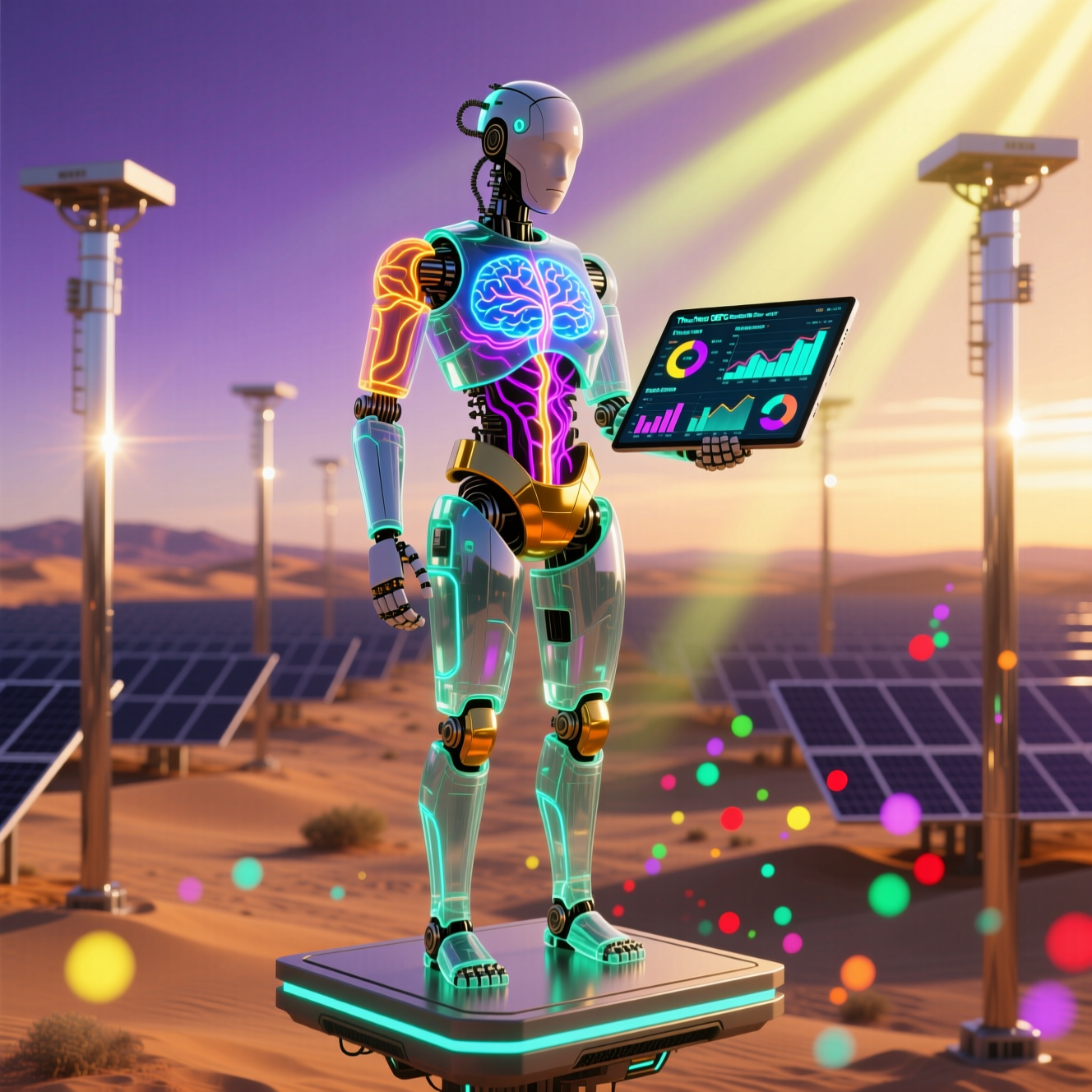 ThruTrak OEE Command — Shift Control Center — Art category hero — translucent glass humanoid figure with a glowing neural-network brain visible inside its head in desert solar farm at magic hour with reflective sand and towering chrome pylons