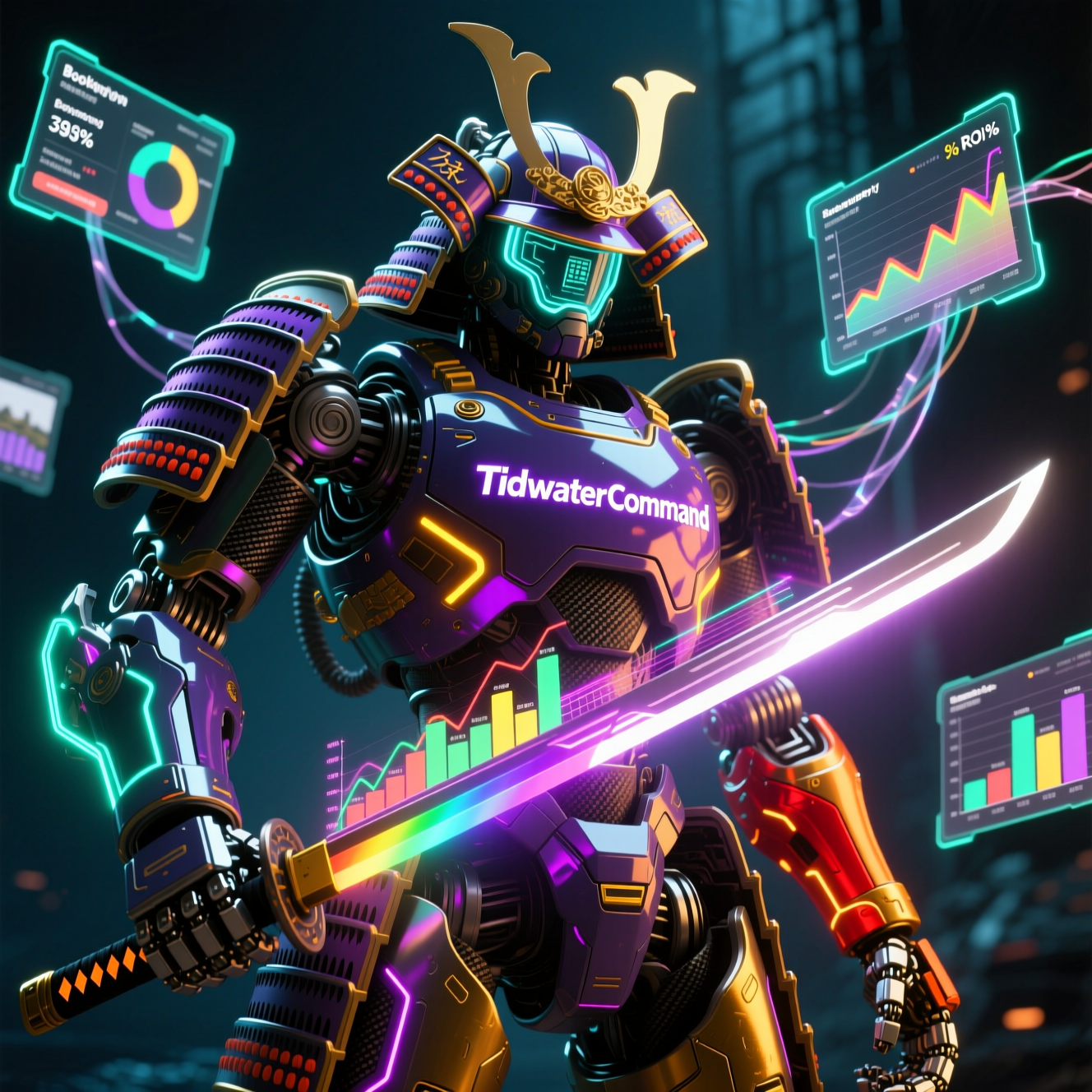 TidewaterCommand — Vacation Rental Marketing War Room — Marketing Tools category hero — majestic samurai-styled mech in lacquered armor with neon under-glow, katana of light in hand in deep-sea research bay with bulkhead windows onto a bioluminescent ocean