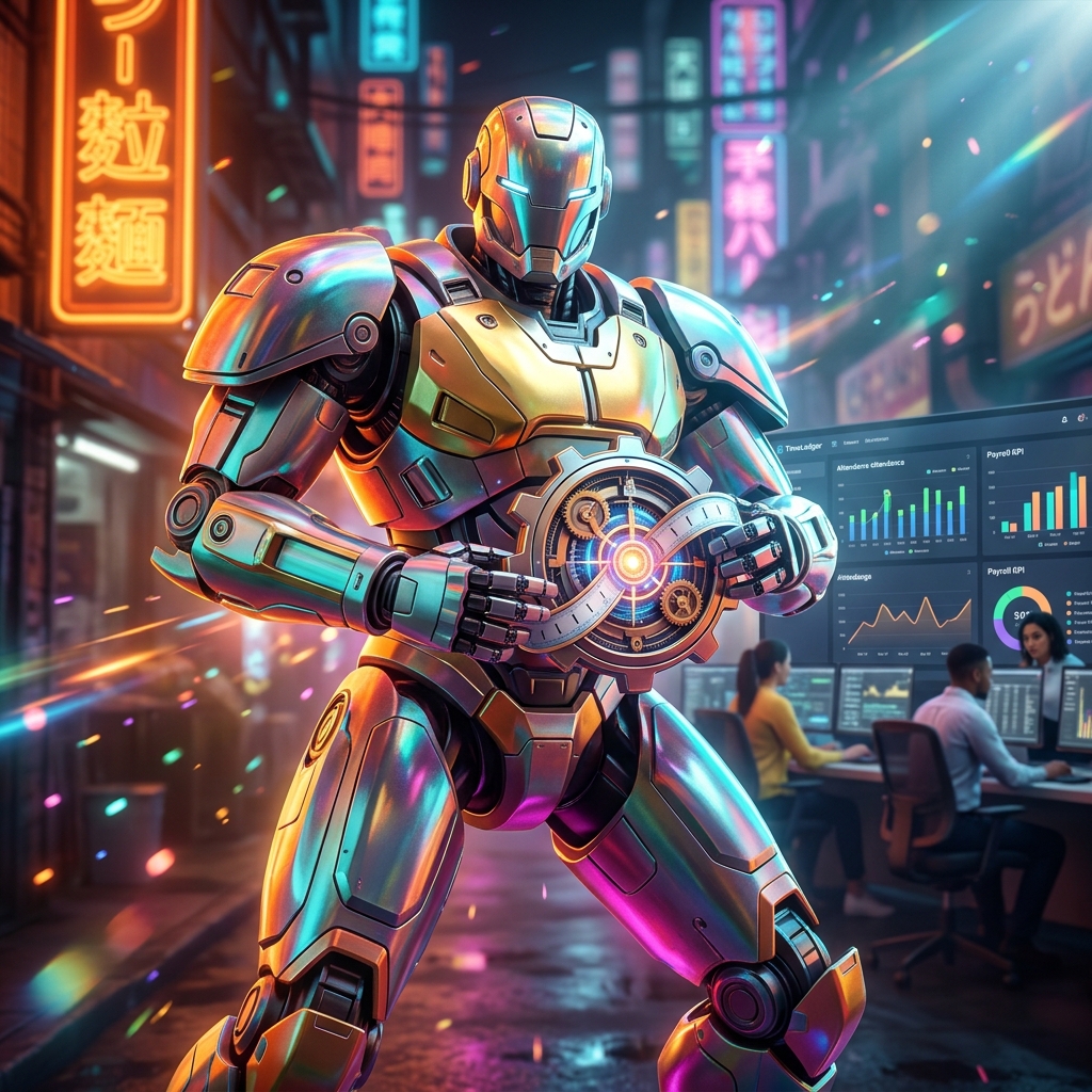 TimeLedger Command — Payroll & Attendance Command Center — Payroll category hero — heavily armored guardian robot holding a symbolic emblem of the category with both hands in Blade-Runner-style noodle-shop alley with dense neon signage in the background