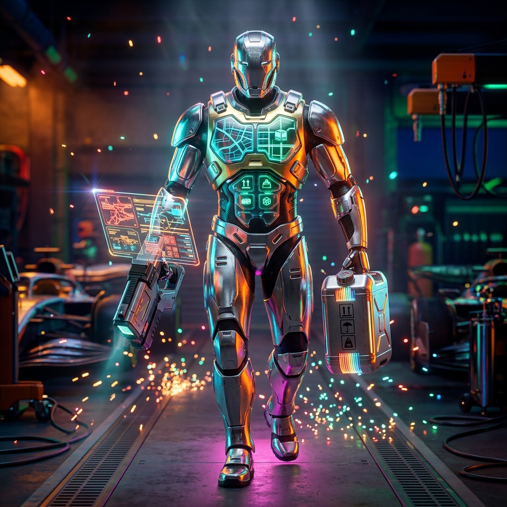 TitanGrid Command — Field Operations Dispatch — Shipping & Logistics category hero — chrome-plated bipedal android caught mid-motion, sparks and light particles trailing around it in Formula-1 style pit garage with saturated color lighting and mechanical detail
