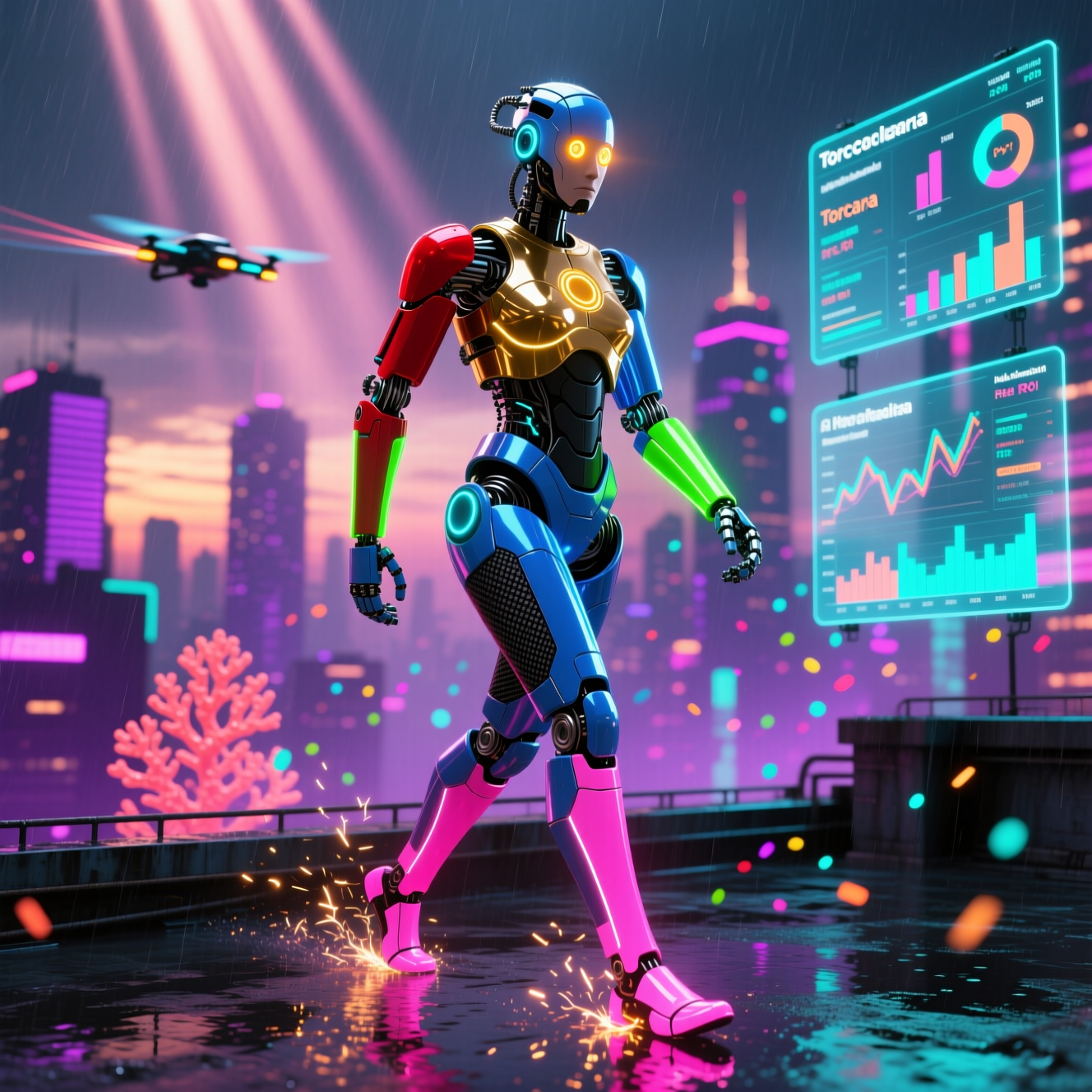 Torcana — Fleet Financial Strategy Terminal — Finance & Fintech category hero — chrome-plated bipedal android caught mid-motion, sparks and light particles trailing around it in rooftop overlooking a neon megacity skyline at dusk, drones flying in the distance