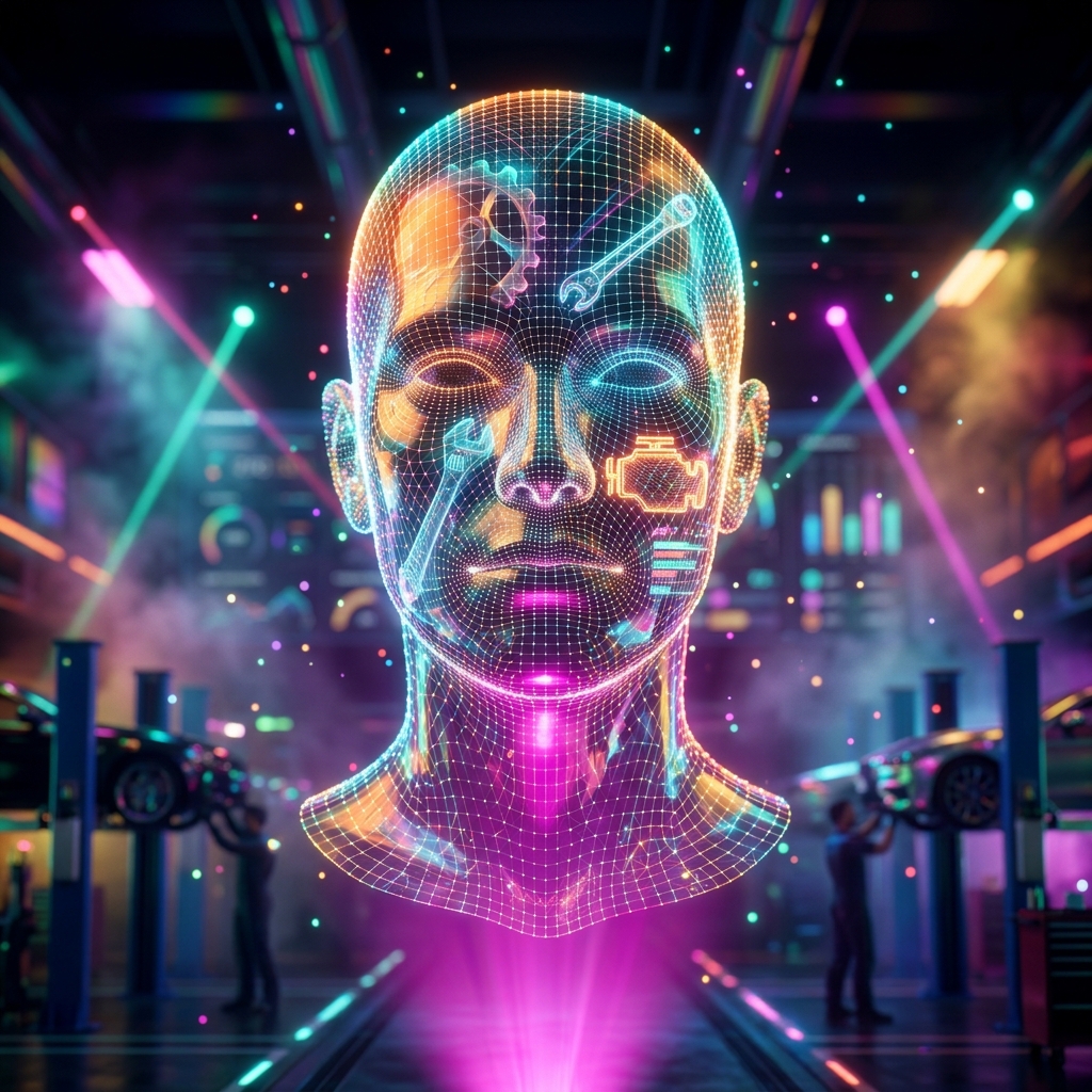 TorqueDeck Command | Automotive Workshop Mission Control — Business Management category hero — wireframe holographic human head made of glowing data points, floating in the frame center in underground rave-like data cathedral with laser beams cutting through smoke