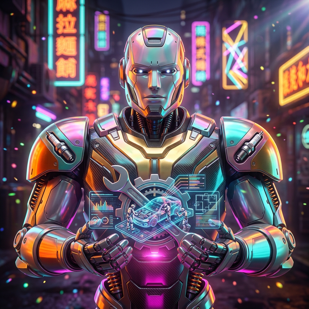 TorqueDeck — Mission Control for Automotive Workshop Management — Business Management category hero — heavily armored guardian robot holding a symbolic emblem of the category with both hands in Blade-Runner-style noodle-shop alley with dense neon signage in the background