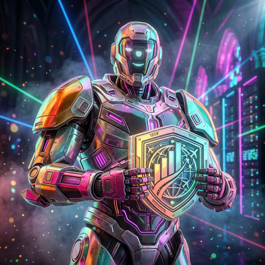TourLedger — Travel Agency Financial Strategy Terminal — Travel category hero — heavily armored guardian robot holding a symbolic emblem of the category with both hands in underground rave-like data cathedral with laser beams cutting through smoke