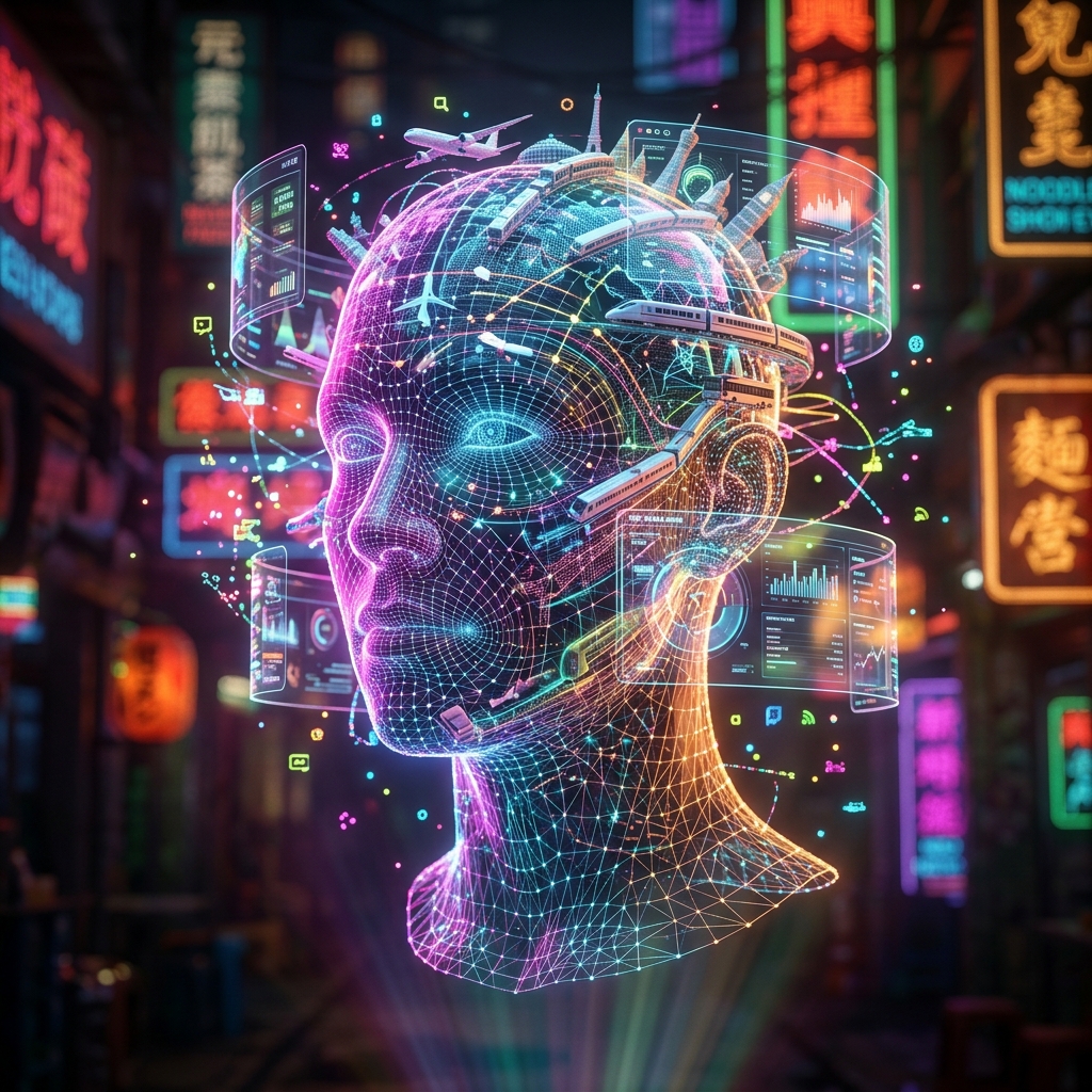TourLink Supply — Travel Ops Neural Board — Travel category hero — wireframe holographic human head made of glowing data points, floating in the frame center in Blade-Runner-style noodle-shop alley with dense neon signage in the background