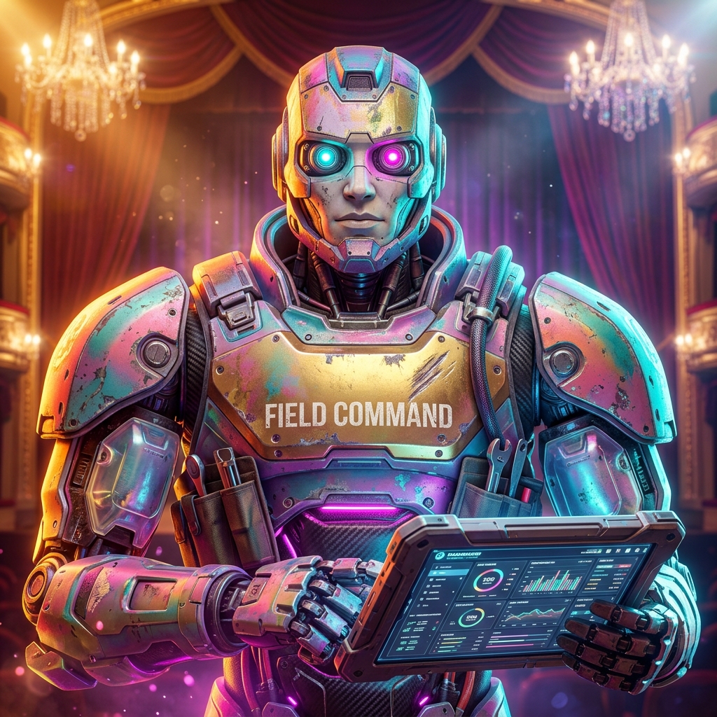 TradeFlow Field Command | Home Services Operations Board β Home Improvement category hero β war-worn but heroic mech pilot robot with painted panels, weathered detail, cinematic hero lighting in golden-lit theater interior with heavy velvet curtains and cinematic chandeliers