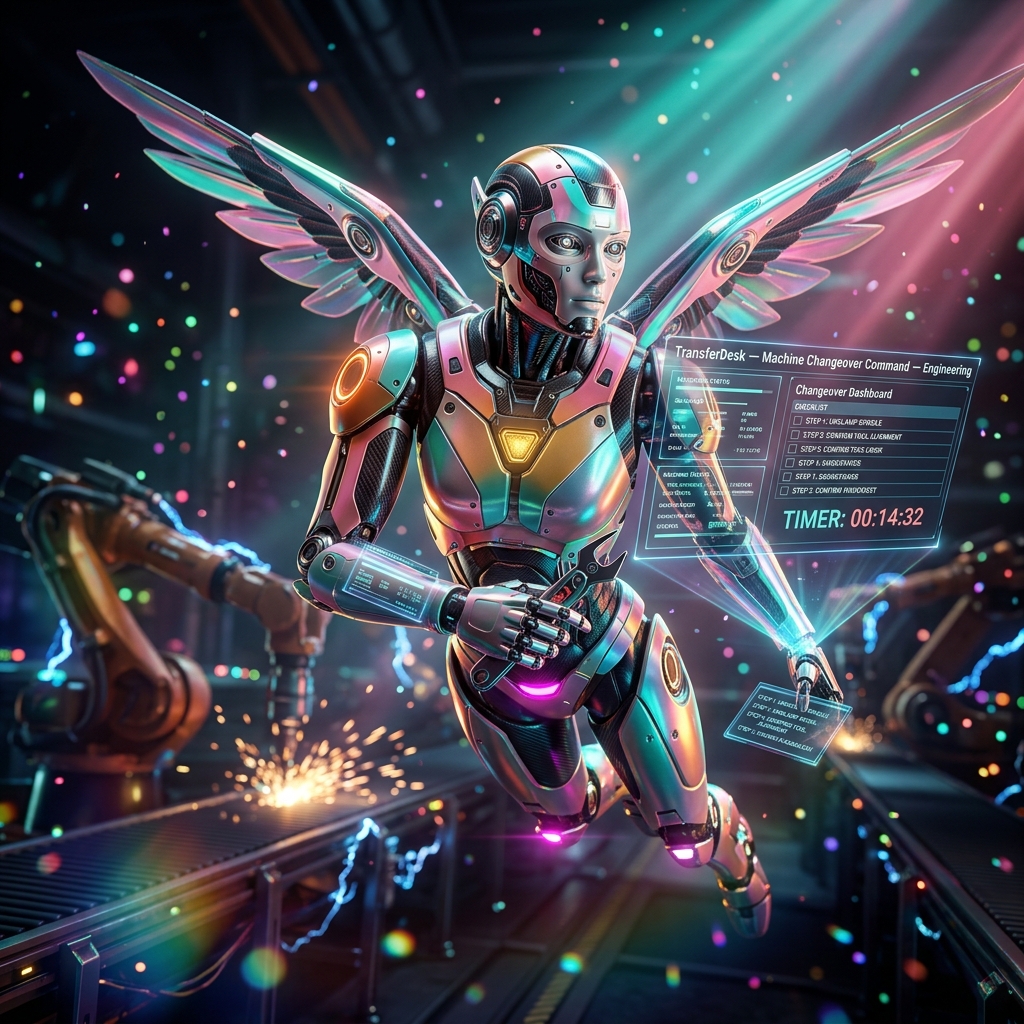 TransferDesk — Machine Changeover Command — Engineering category hero — courier-style android with iridescent wings unfurled, mid-flight silhouette against the environment in magnetic-levitation factory floor with sparking arcs of electricity and machinery