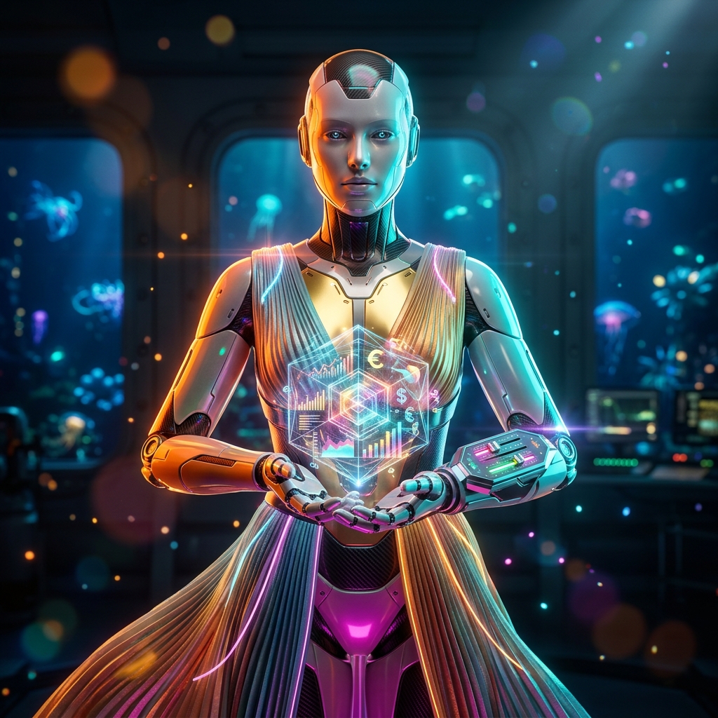 TreasuryGrid Command | Financial Strategy Terminal — Finance & Fintech category hero — elegant fashion-forward android in flowing reflective couture fabric, editorial pose in deep-sea research bay with bulkhead windows onto a bioluminescent ocean