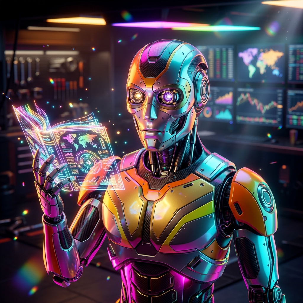 Treasuryline Terminal — Financial Strategy Command — Digital Banking & Financial Solutions category hero — sci-fi wizard robot with a floating spellbook of holographic glyphs and light particles in Formula-1 style pit garage with saturated color lighting and mechanical detail