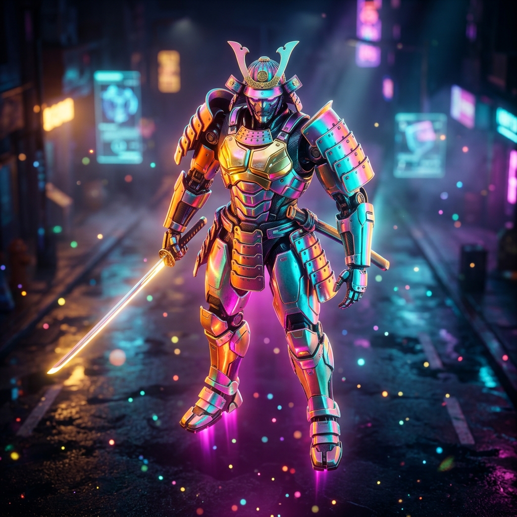 TreasuryOps Vantage | Financial Strategy Terminal — Finance & Fintech category hero — majestic samurai-styled mech in lacquered armor with neon under-glow, katana of light in hand in neon-lit cyberpunk street at night, wet pavement reflections, hovering holograms in the background