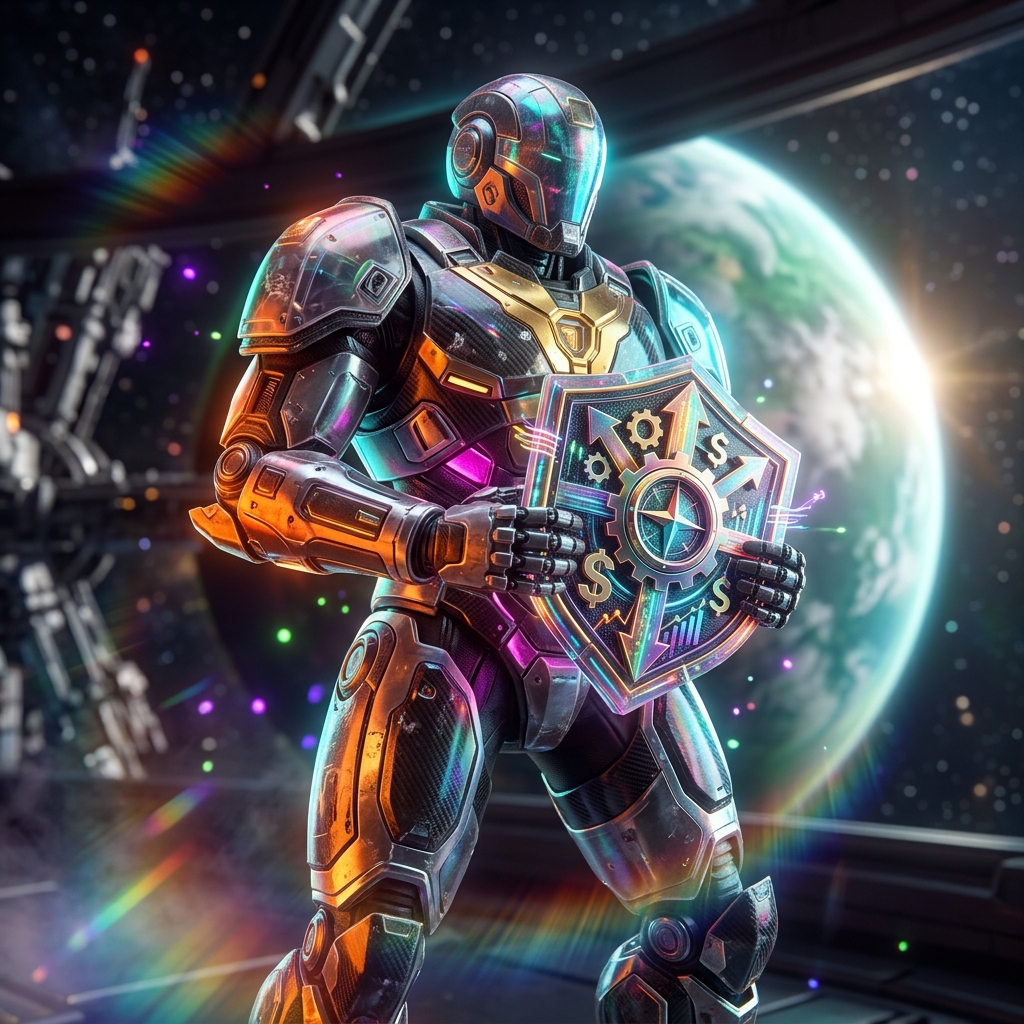 TreasuryPilot — Financial Strategy Command — Finance & Fintech category hero — heavily armored guardian robot holding a symbolic emblem of the category with both hands in orbital space station observation deck with a planet glowing outside the panoramic window