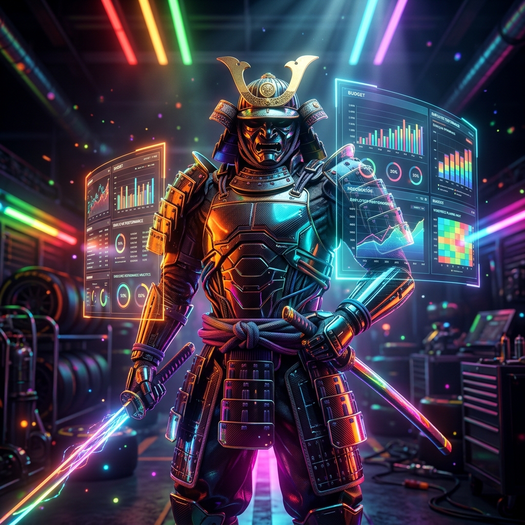 TreasuryPilot — HR Financial Strategy Terminal — HR & Recruiting category hero — majestic samurai-styled mech in lacquered armor with neon under-glow, katana of light in hand in Formula-1 style pit garage with saturated color lighting and mechanical detail