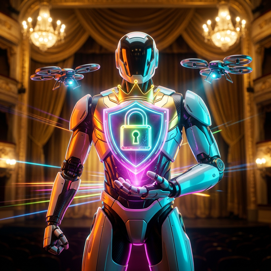 TreasuryPulse Command | Financial Strategy Terminal — Finance & Fintech category hero — glowing digital shield / padlock / crown / crystal object at the frame center, protected by hovering tech drones in golden-lit theater interior with heavy velvet curtains and cinematic chandeliers