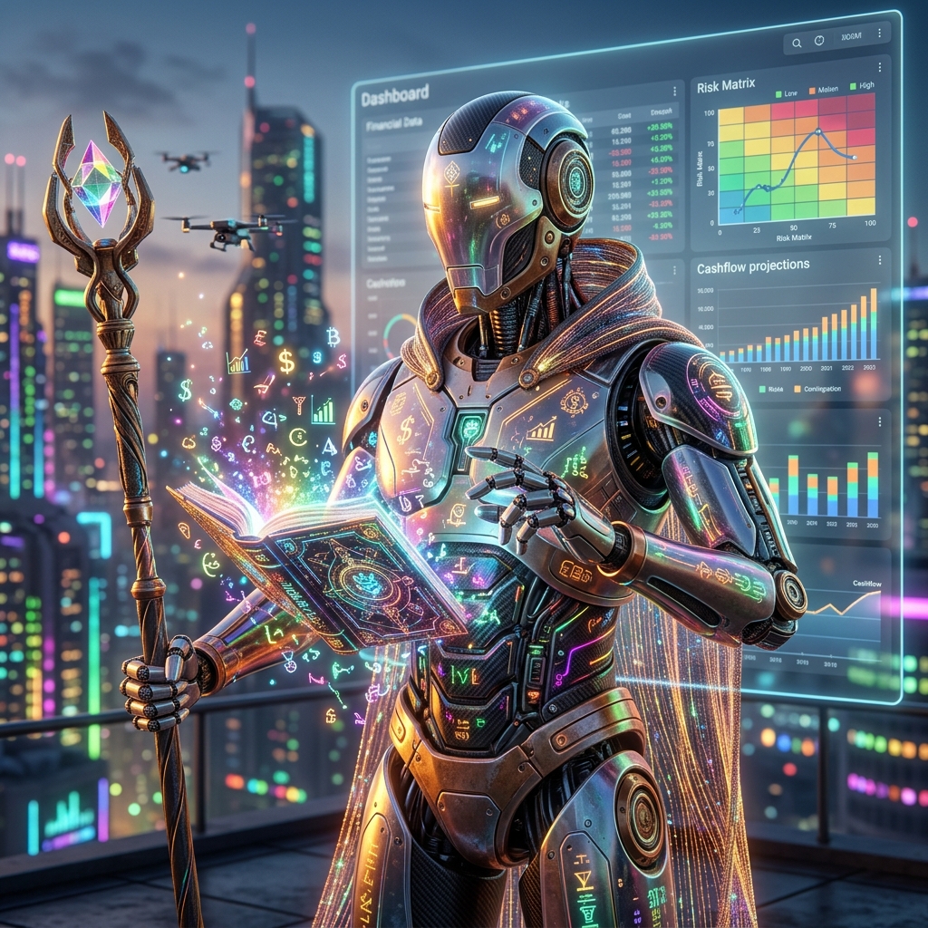 TreasuryPulse — Financial Strategy Terminal — Finance & Fintech category hero — sci-fi wizard robot with a floating spellbook of holographic glyphs and light particles in rooftop overlooking a neon megacity skyline at dusk, drones flying in the distance