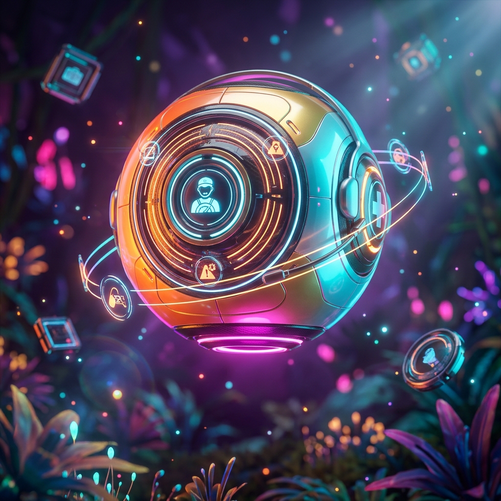 TriagerCase — Clinical Case Command Center — Rideshare category hero — floating spherical AI orb with concentric glowing rings and orbiting holographic icons around it in alien jungle biome with glowing flora and floating tech artifacts
