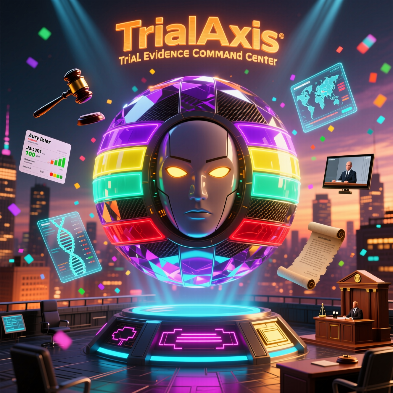 TrialAxis — Trial Evidence Command Center — Legal category hero — floating spherical AI orb with concentric glowing rings and orbiting holographic icons around it in rooftop overlooking a neon megacity skyline at dusk, drones flying in the distance