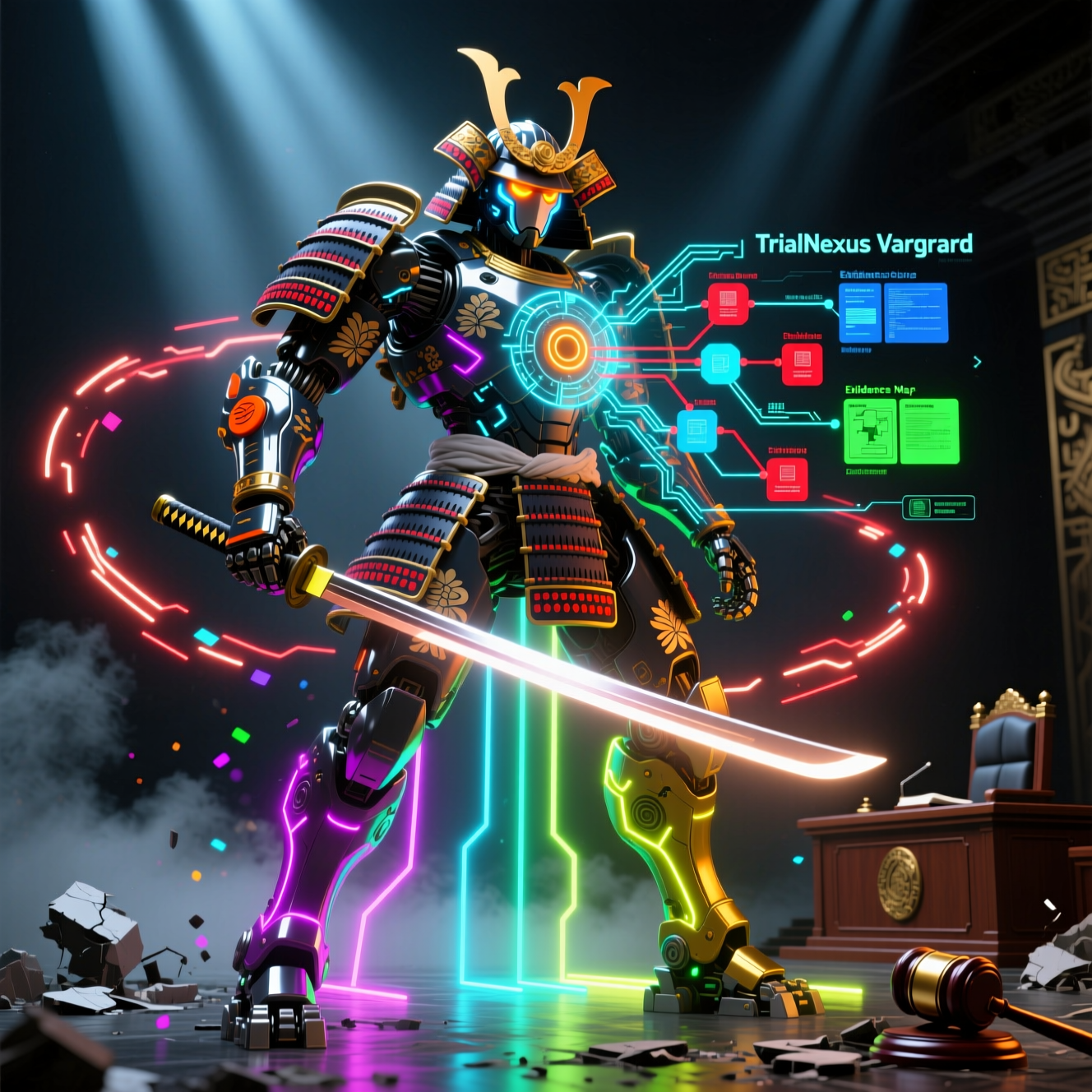 TrialNexus — Trial Evidence Map for Prosecutors — Legal category hero — majestic samurai-styled mech in lacquered armor with neon under-glow, katana of light in hand in dark cinematic stage with dramatic spotlights streaming down and a hazy atmospheric fog