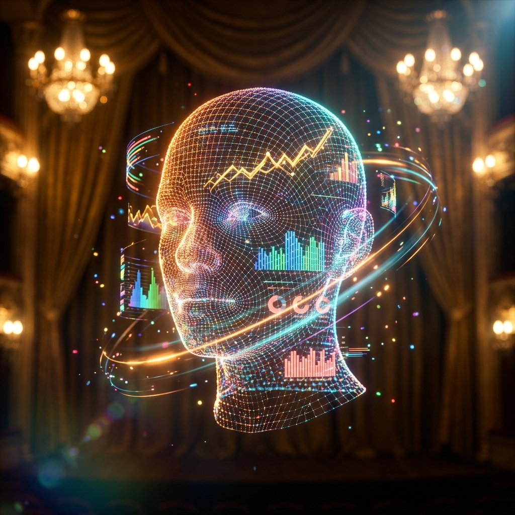 Trovescope · Financial Strategy Terminal — Finance & Fintech category hero — wireframe holographic human head made of glowing data points, floating in the frame center in golden-lit theater interior with heavy velvet curtains and cinematic chandeliers