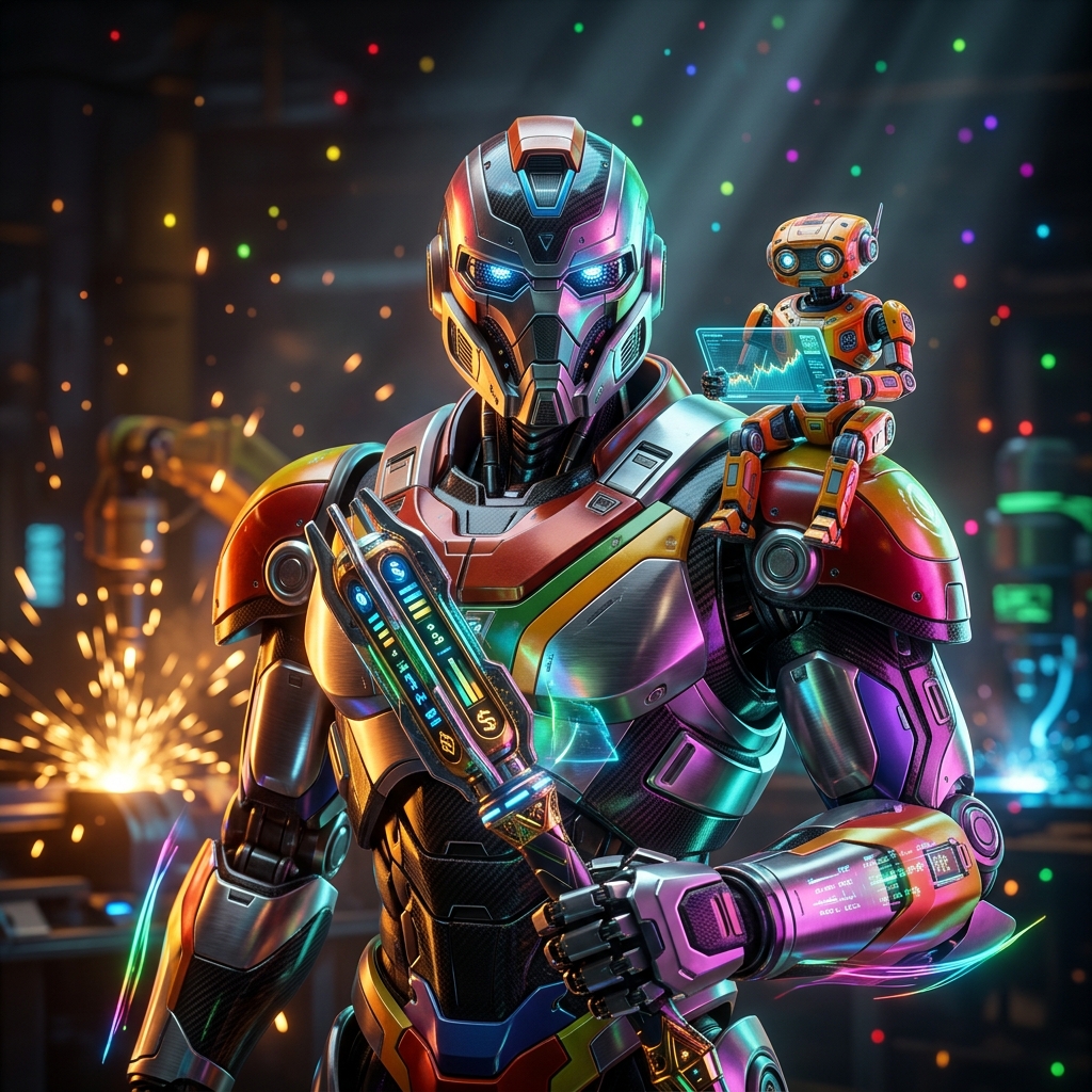 UnderwriteOS | Origination & Reliability Console — Finance & Fintech category hero — duo of contrasting robots — one large hero mech and a small companion droid — composed cinematically in magnetic-levitation factory floor with sparking arcs of electricity and machinery