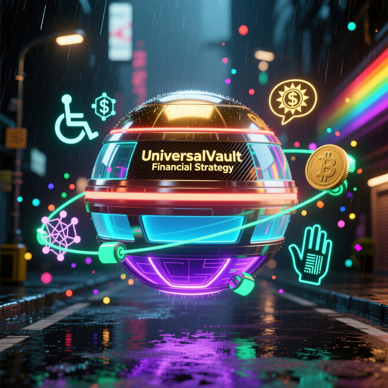 UniversalVault Terminal — Accessibility Financial Strategy — Accessibility category hero — floating spherical AI orb with concentric glowing rings and orbiting holographic icons around it in neon-lit cyberpunk street at night, wet pavement reflections, hovering holograms in the background