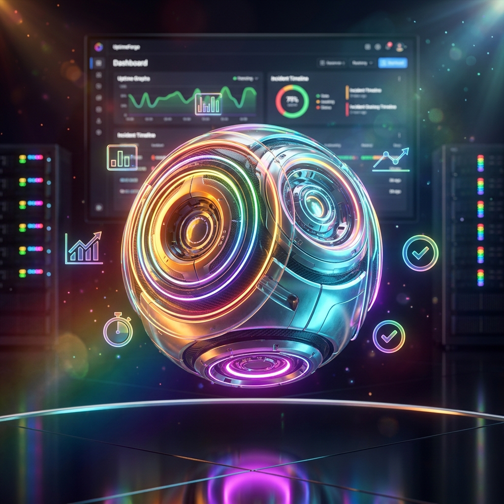 UptimeForge — Engineering Reliability Console — Analytics category hero — floating spherical AI orb with concentric glowing rings and orbiting holographic icons around it in chrome-and-glass showroom with mirrored floor and rim-lit product staging