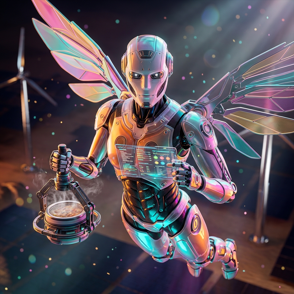 UptimeFoundry | Engineering Reliability Console — Food & Cooking category hero — courier-style android with iridescent wings unfurled, mid-flight silhouette against the environment in desert solar farm at magic hour with reflective sand and towering chrome pylons
