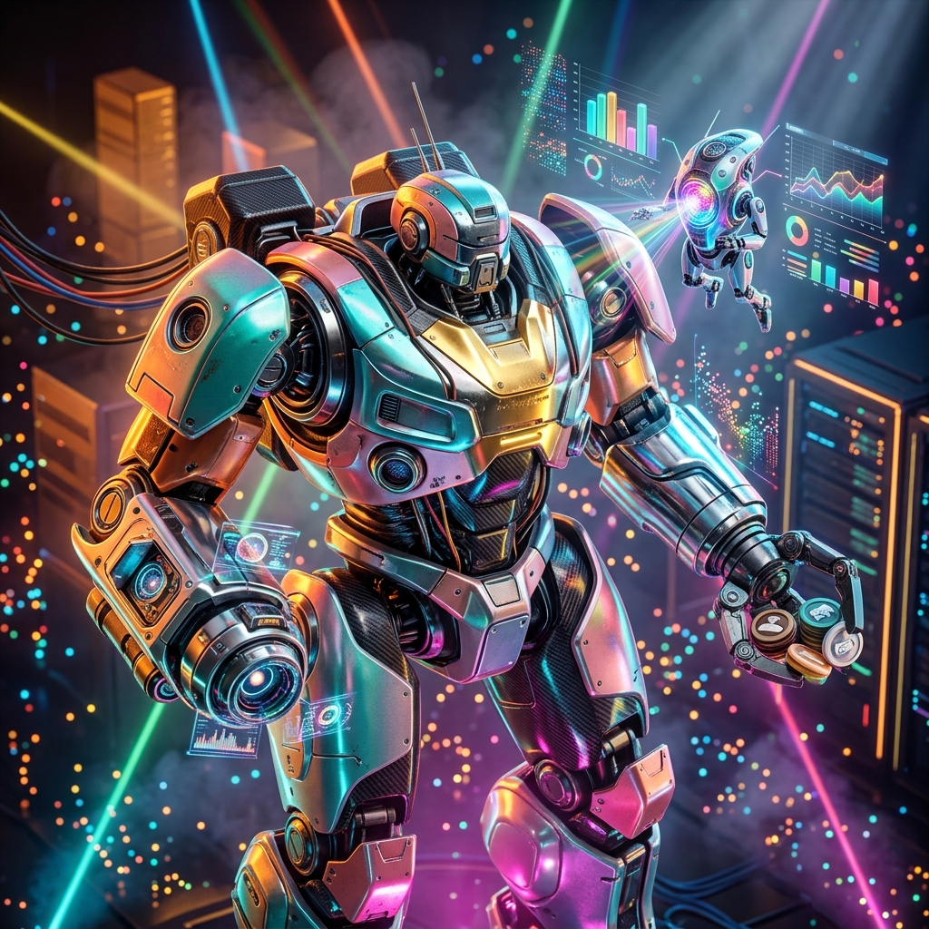 Vantage Ledger · Inventory Strategy Terminal — Analytics category hero — duo of contrasting robots — one large hero mech and a small companion droid — composed cinematically in underground rave-like data cathedral with laser beams cutting through smoke