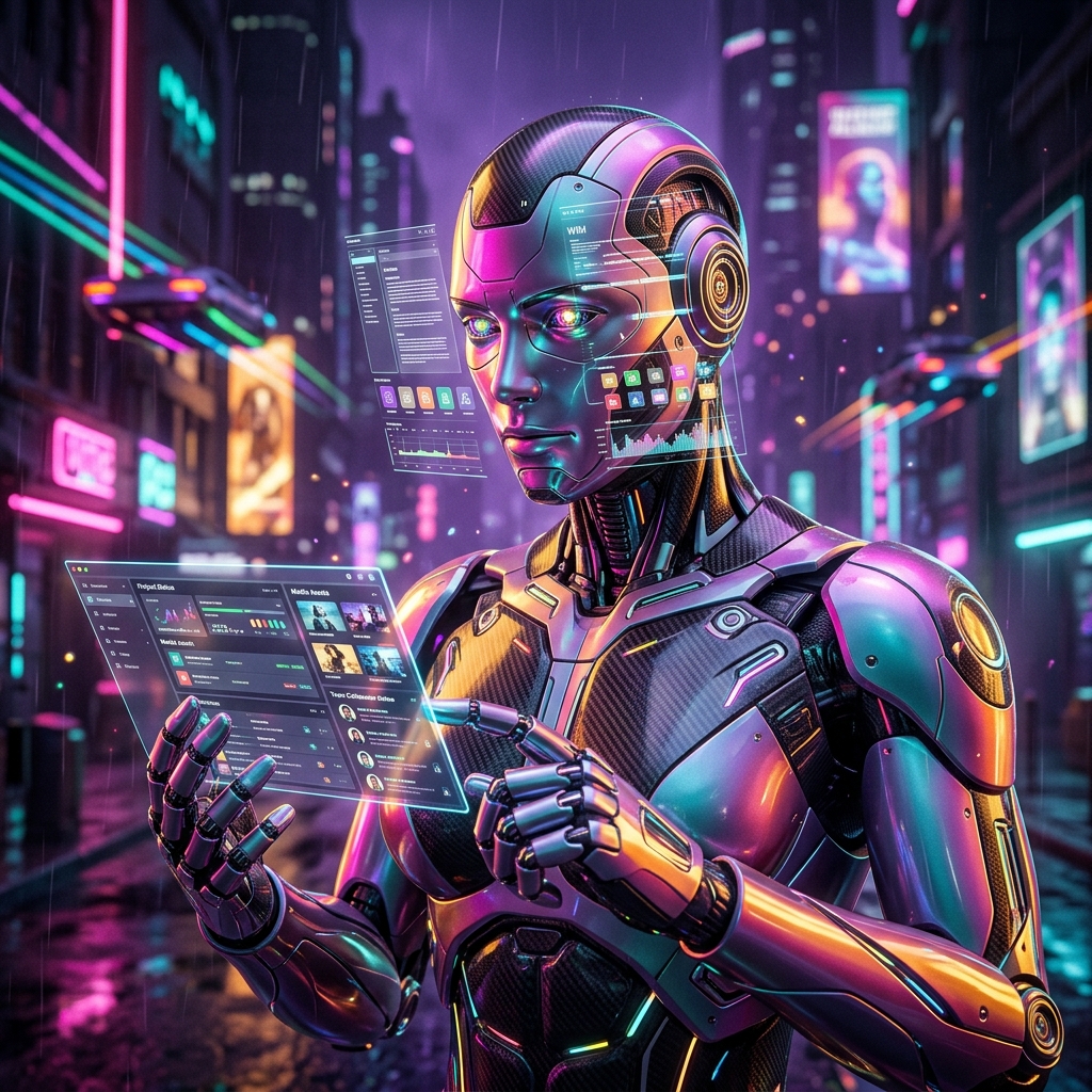VantageFrame Studio — Production Command for Media Teams — Wiki category hero — sleek sports-car-inspired bipedal android mid-motion, carbon-fiber musculature and glowing accent lines in neon-lit cyberpunk street at night, wet pavement reflections, hovering holograms in the background