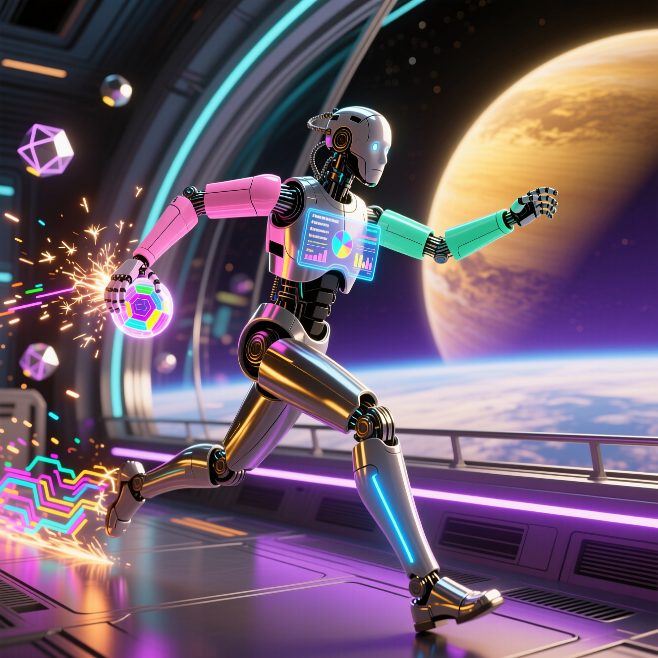 VantageGrid — Data Analytics Field Operations Command — Data Analytics category hero — chrome-plated bipedal android caught mid-motion, sparks and light particles trailing around it in orbital space station observation deck with a planet glowing outside the panoramic window