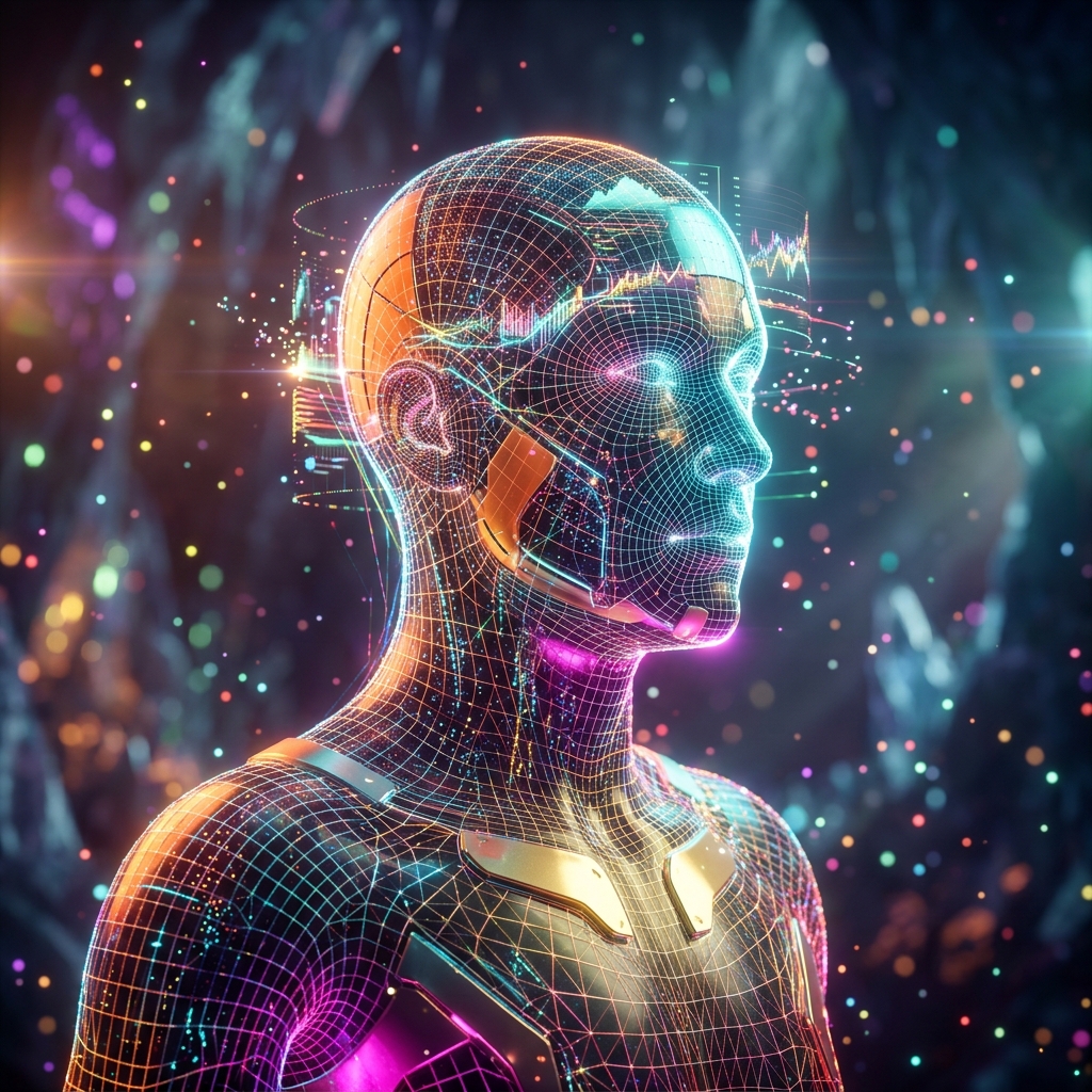 VantageLedger · Treasury & Scenarios Terminal — Accounting category hero — wireframe holographic human head made of glowing data points, floating in the frame center in crystalline ice cavern lit by bioluminescent tech installations