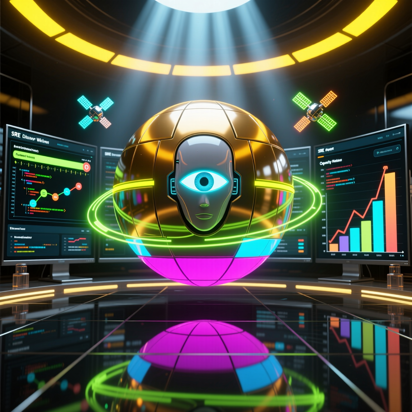 VantaOps SRE Console — Engineering Reliability Center — Wiki category hero — floating spherical AI orb with concentric glowing rings and orbiting holographic icons around it in chrome-and-glass showroom with mirrored floor and rim-lit product staging