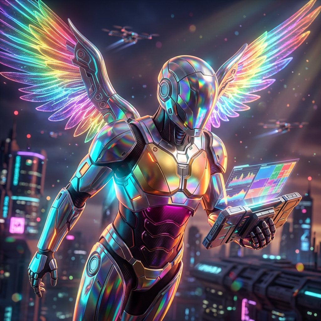 Vantive Ledger — Retail Treasury Terminal — Finance & Fintech category hero — courier-style android with iridescent wings unfurled, mid-flight silhouette against the environment in rooftop overlooking a neon megacity skyline at dusk, drones flying in the distance