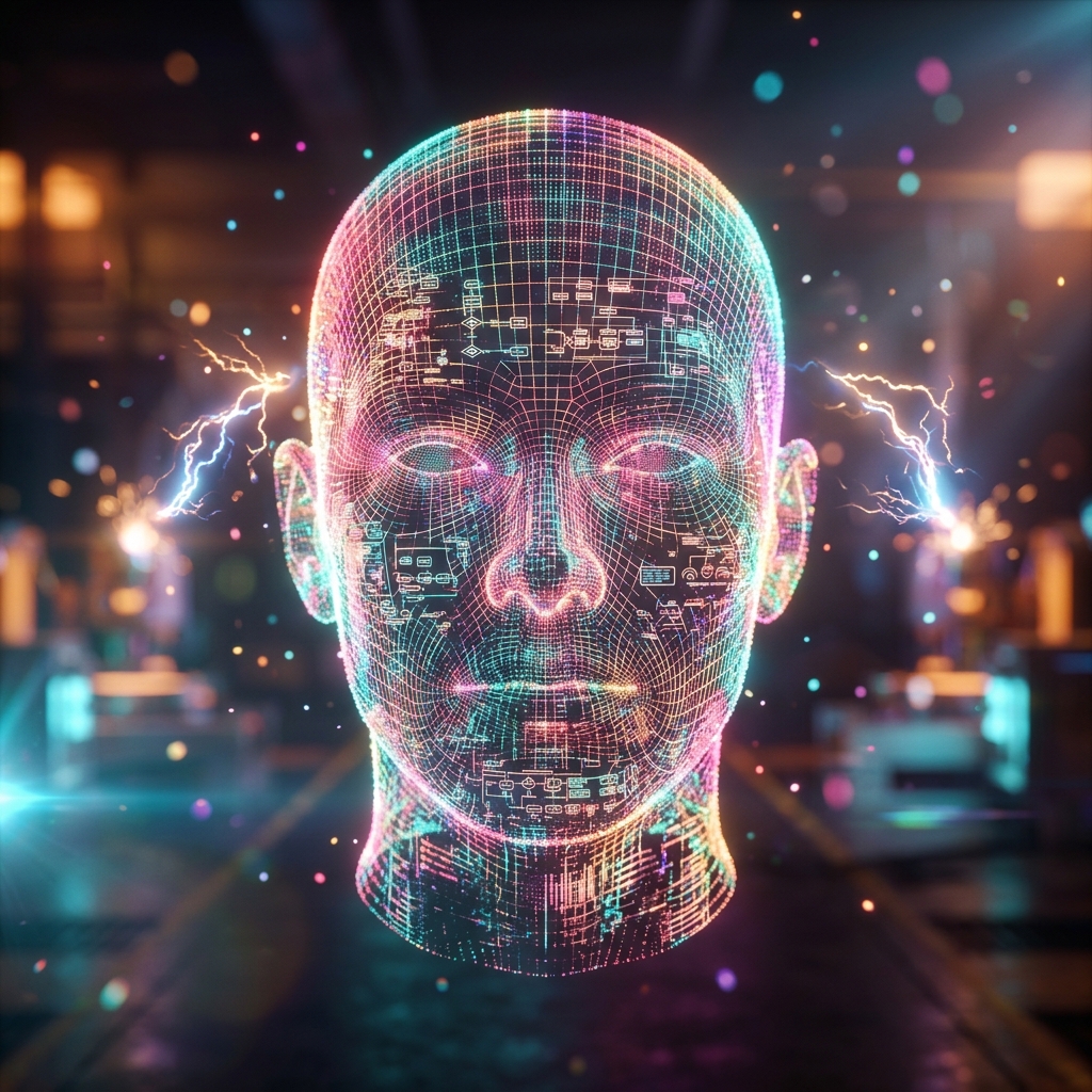 Vantive Ops Mission Control – Enterprise Operations Cockpit — Business Management category hero — wireframe holographic human head made of glowing data points, floating in the frame center in magnetic-levitation factory floor with sparking arcs of electricity and machinery