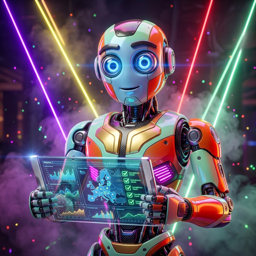 Vatlytics | Tax & VAT Command Console — Accounting category hero — friendly Pixar-quality mascot robot with big expressive optical eyes, holding an object that represents the category in underground rave-like data cathedral with laser beams cutting through smoke