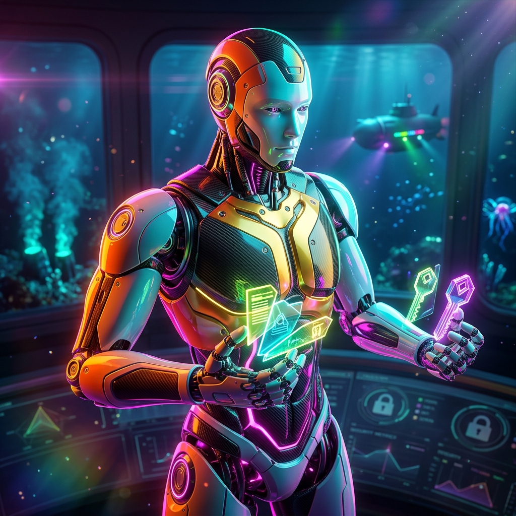 VaultForge Command — Secrets & Access Mission Control — Password Managers category hero — sleek sports-car-inspired bipedal android mid-motion, carbon-fiber musculature and glowing accent lines in deep-sea research bay with bulkhead windows onto a bioluminescent ocean