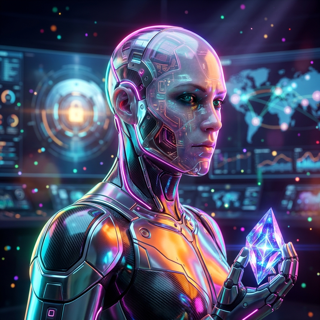 VaultForge Command | Secrets & Access Mission Control — Password Managers category hero — cinematic cyborg character seen in three-quarter profile, exposed circuitry glowing beneath translucent skin, intense neon rim light in futuristic control room with massive glowing holographic screens and volumetric light rays