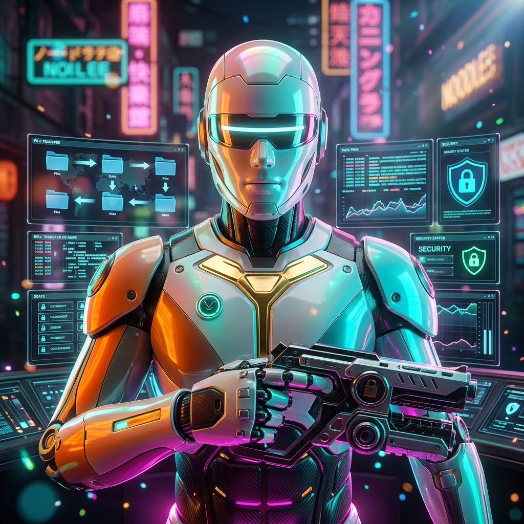 Vaultgrid Command | File Sharing Mission Control β File Sharing category hero β hyper-detailed humanoid robot with glossy plating and glowing visor eyes, striking a confident hero pose in the center of the frame in Blade-Runner-style noodle-shop alley with dense neon signage in the background